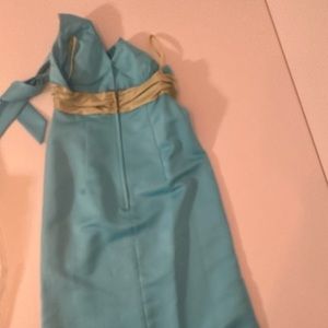 Brad’s made her prom dress satin teal and lime green